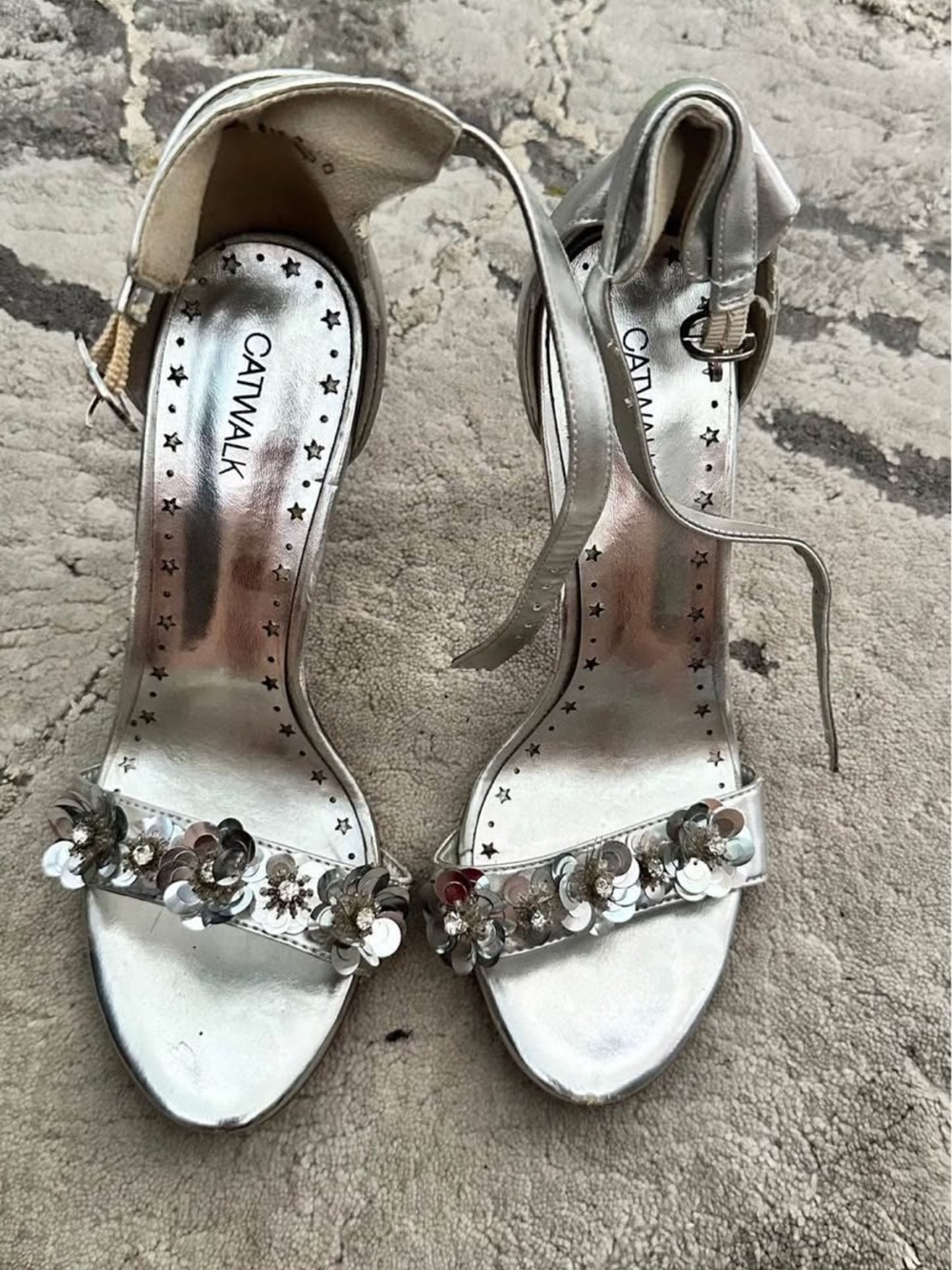 Silver Sequin Floral Ankle-Strap Sandals